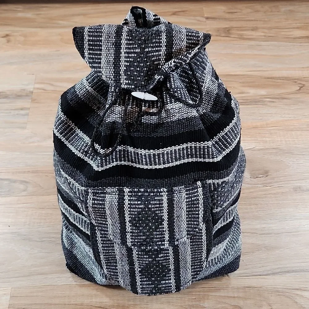 EUC Blk/Gray Striped Blanket Drawstring Backpack